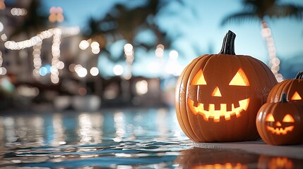 Spooky Poolside Halloween Night with Glowing Jack-o-Lanterns - Eerie Reflections and Ghostly Decorations Create a Haunting Atmosphere