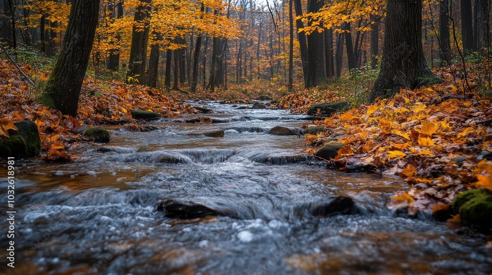 Poster the crystal-clear stream winds gently through a peaceful forest filled with colorful autumn foliage,