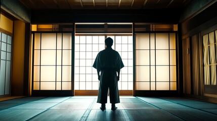 Fototapeta premium A tatami room in a traditional Japanese home, with the maker standing back to admire his freshly installed mats,
