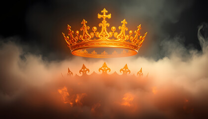 Golden crown on fire. Fantastic and fabulous composition on dark background. Panoramic view of the fog. Layout for your logo isolated with white highlights, png