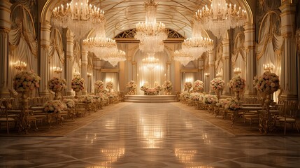 A lavish ballroom with golden ornate chandeliers and stunning floral arrangements 