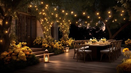 A romantic outdoor patio adorned with beautiful floral decorations and lights
