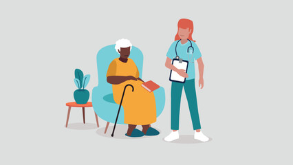 Vektor-Illustration einer &auml;lteren, pflegebed&uuml;rftigen Person, die entspannt in einem Sessel sitzt, w&auml;hrend das Pflegepersonal ihr zur Seite steht - soziales Konzept 