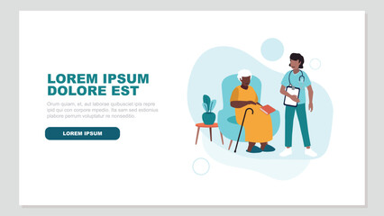 Vektor-Illustration einer älteren, pflegebedürftigen Person, die entspannt in einem Sessel sitzt, während das Pflegepersonal ihr zur Seite steht - soziales Konzept 