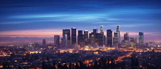 Obraz premium The breathtaking panorama of a city skyline from a high vantage point during twilight. 