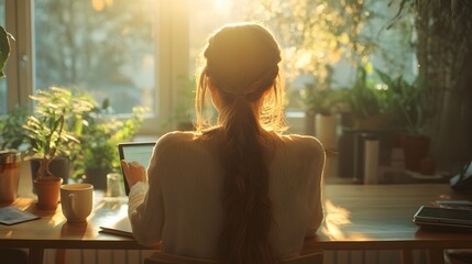 A woman with long brown hair loosely braided, sipping tea as she works on her tablet in a minimalist, sunlit home office. The peaceful atmosphere creates a perfect balance of work and tranquility