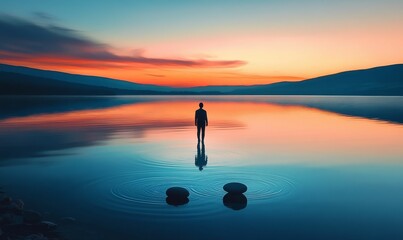 A person stands in a lake at sunset.