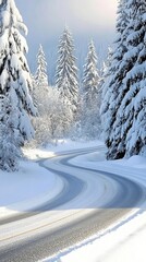A winding winter road through a serene, fog-covered forest adorned with soft tones and a charming yellow line