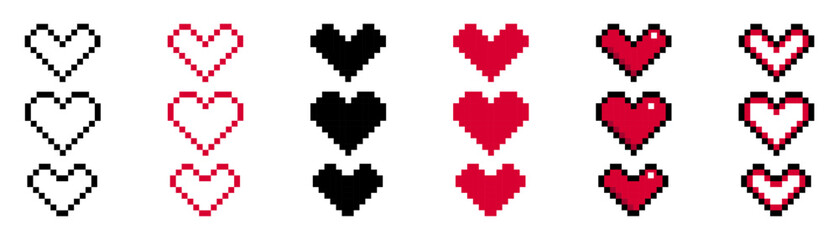 Fototapeta premium Set of pixel hearts icons for computer games. NFT symbols. Retro signs of love, romance.Vector illustration.