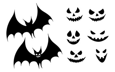 Sinister laughing Halloween bat silhouette illustrations and different faces. Graphic monochrome drawing. Hand drawn outline sketch, engraved illustration. For Halloween party invitation, banner