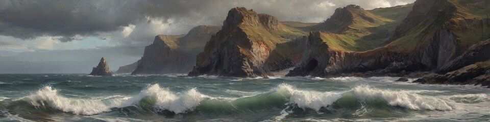 Obraz premium A dramatic coastline where rugged cliffs meet crashing waves, creating a breathtaking scene of nature's raw power, Generative AI