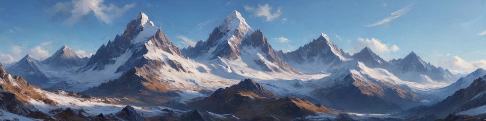 Fototapeta premium A striking mountainous terrain with sharp peaks capped in snow, contrasting against a clear blue sky, exuding majesty and grandeur, Generative AI