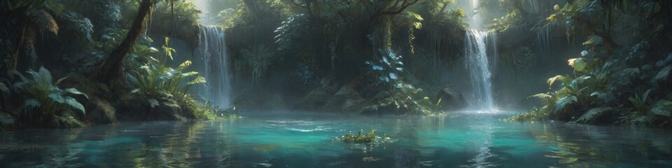 A mystical waterfall cascading into a shimmering lagoon, surrounded by luminescent plants and inhabited by ethereal spirits, creating a serene atmosphere, Generative AI