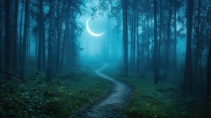 Winding Path Through a Foggy Forest at Night