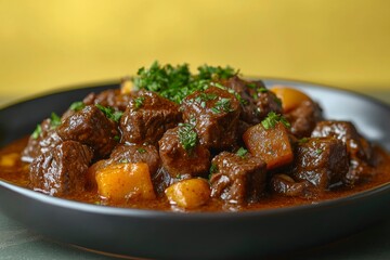 Close-up of a Delicious Beef Stew with Parsley Garnish in a Black Bowl