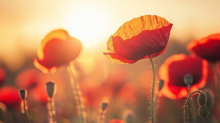 Obraz premium Golden sunlight bathes a lush field of red poppies creating a mesmerizing evening atmosphere
