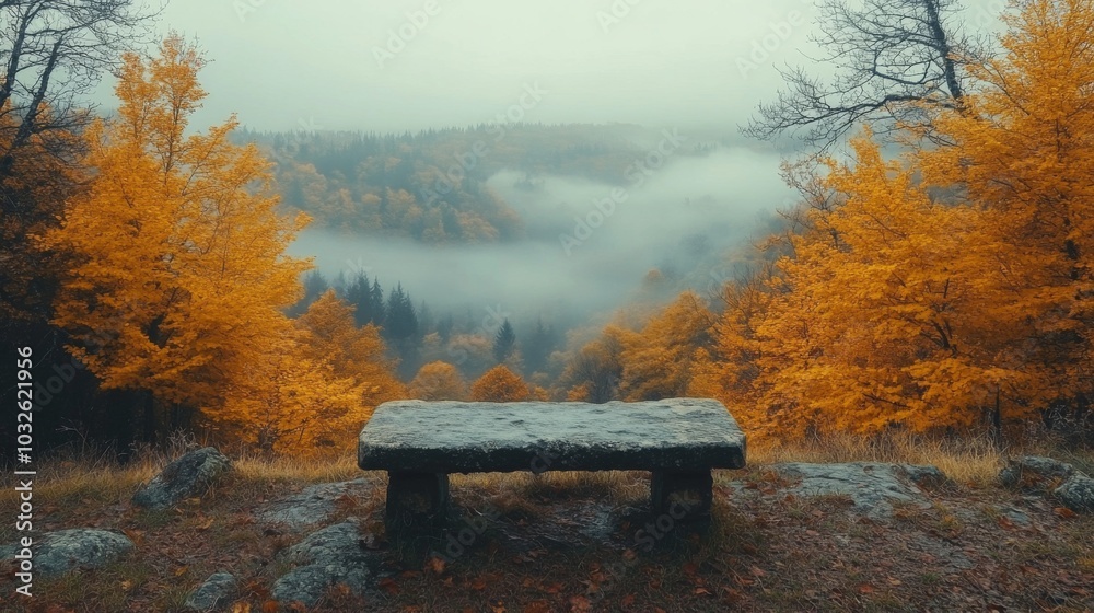 Poster a stone bench stands at the edge of a viewpoint, offering a breathtaking view of a misty valley fill