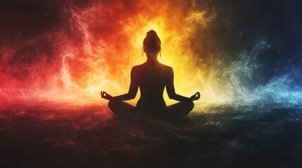 Silhouette, energy and meditation on colorful background or wallpaper