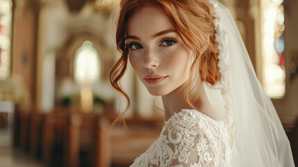Fototapeta premium Bride with Copper-Red Hair in Lace Wedding Dress at Church