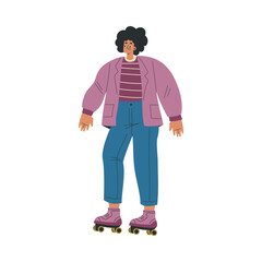 Man Character Roller Skating Ride on Rollers Vector Illustration