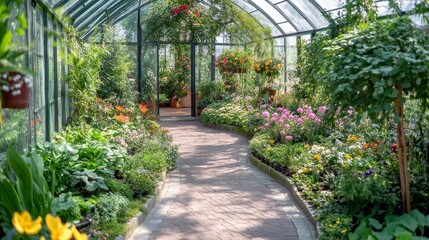 Obraz premium Wander through a lush greenhouse filled with a variety of colorful blossoming plants