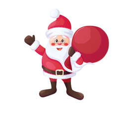 Funny happy Santa Claus with a bag of gifts waving his hand. Christmas card, banner, flyer design with cartoon vector illustration