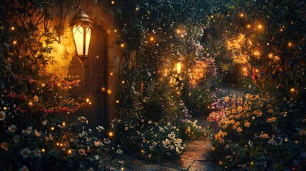 Enchanted Garden at Twilight with Soft Lantern Light