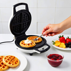 electric waffle maker for baking waffles at home on kitchen table and ready waffles