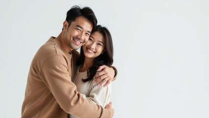 Fototapeta premium Happy smiling romantic middle aged Asian couple, man and woman hugging while looking at camera on white background. Free space for text