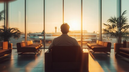 Man is waiting for plane in the VIP lounge of the airport. The concept of comfortable flights and waiting time