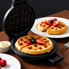 electric waffle maker for baking waffles at home on kitchen table and ready waffles