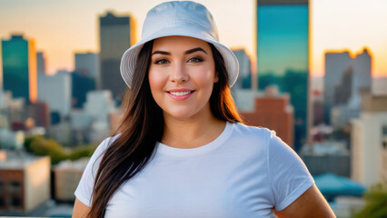 Plus size woman wearing white t-shirt and white bucket hat standing on cityscape background