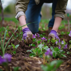Fototapeta premium Gardener planting flowers in the garden, close up photo