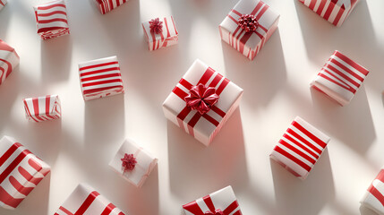 Obraz premium Red and White Striped Gift Boxes With Red Bows on White Background