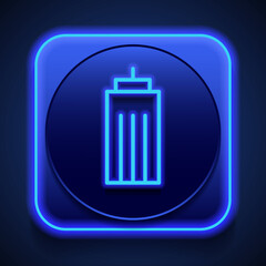 Building icon, vector. Flat design. Blue neon style on button. With shadow