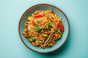 A Bowl of Stir-Fried Noodles with Vegetables and Meat