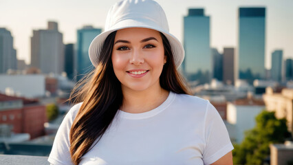Plus size woman wearing white t-shirt and white bucket hat standing on cityscape background