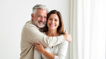 Happy smiling romantic middle aged couple, man and woman hugging while looking at camera on white background. Free space for text