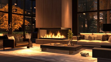 Modern living room featuring a cozy fireplace with a sleek design and tasteful decor, modern, living room, fireplace, cozy