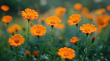 Fototapeta premium Bright orange marigold flowers in a vibrant field setting