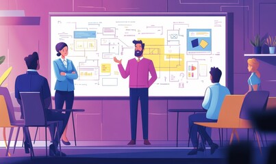 A business presentation with charts and diagrams.