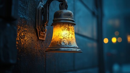 Glowing bell attached to a black wall night sky