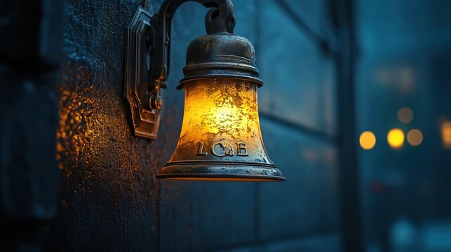 Glowing bell attached to a black wall night sky  - Powered by Adobe