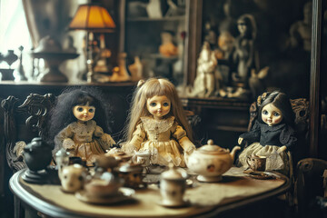 Antique dolls at a vintage tea party: enchanting atmosphere in soft lighting