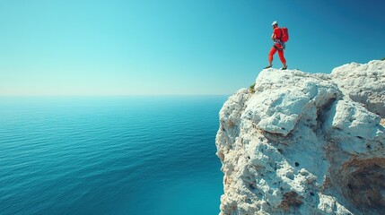 Fototapeta premium Climber on rocky edge overlooking the ocean.