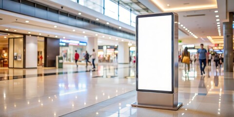 Contemporary Shopping Mall Digital Sign Stand with Blank Screen in Light Interior, Modern Commercial Concept