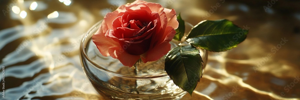 Poster A beautiful red rose floats elegantly in a glass bowl. The soft reflections on the water create a serene atmosphere. This image captures the essence of romance and tranquility. AI