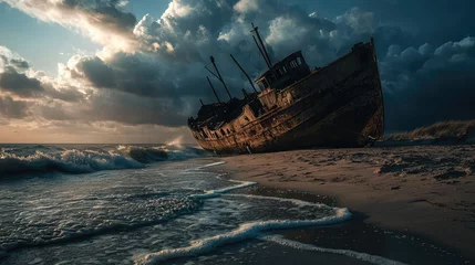 Mysterious Shipwreck on Deserted Beach at Dusk