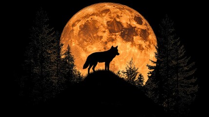 Mysterious Lone Wolf Silhouette Against Full Moon
