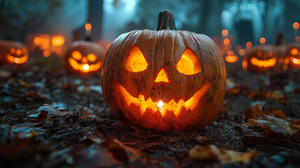 Fototapeta premium Glistening Jack-o'-Lanterns on a Rainy Halloween Night